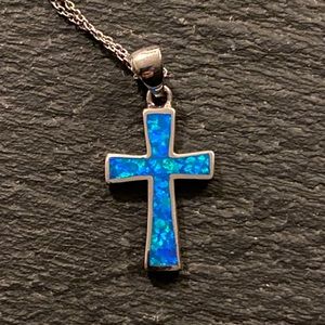 Blue Opal Silver Cross Necklace